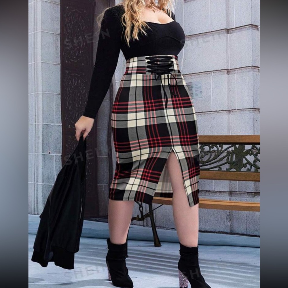 SHEIN Curve Plaid Lace Up Pencil Midi Skirt Plus Size 2XL